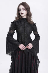 Blouse gothique pour femme en dentelle avec broderie, manches longues évasées et col montant noir